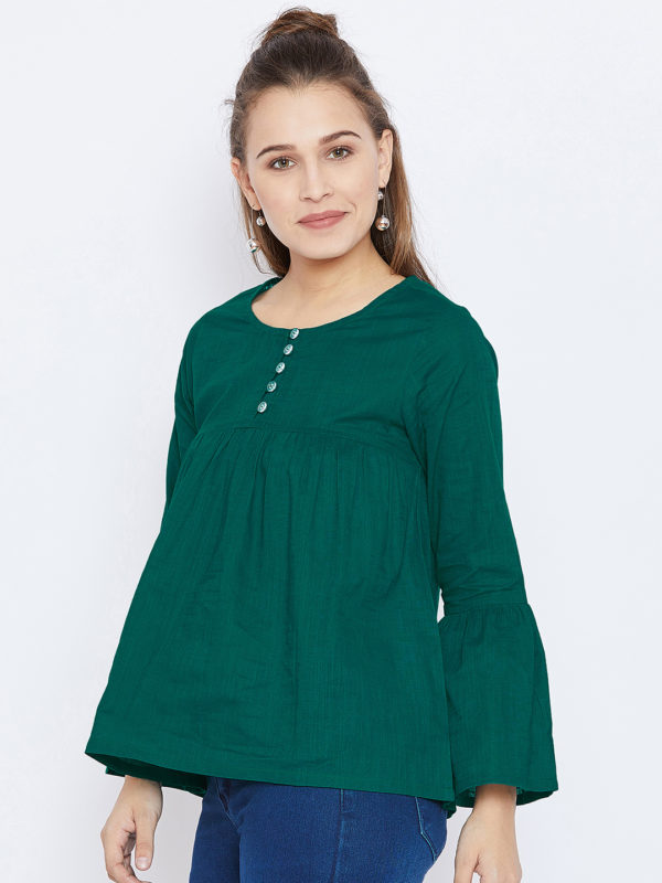 GREEN GATHERED TOP WITH BELL SLEEVES - Offline2Online