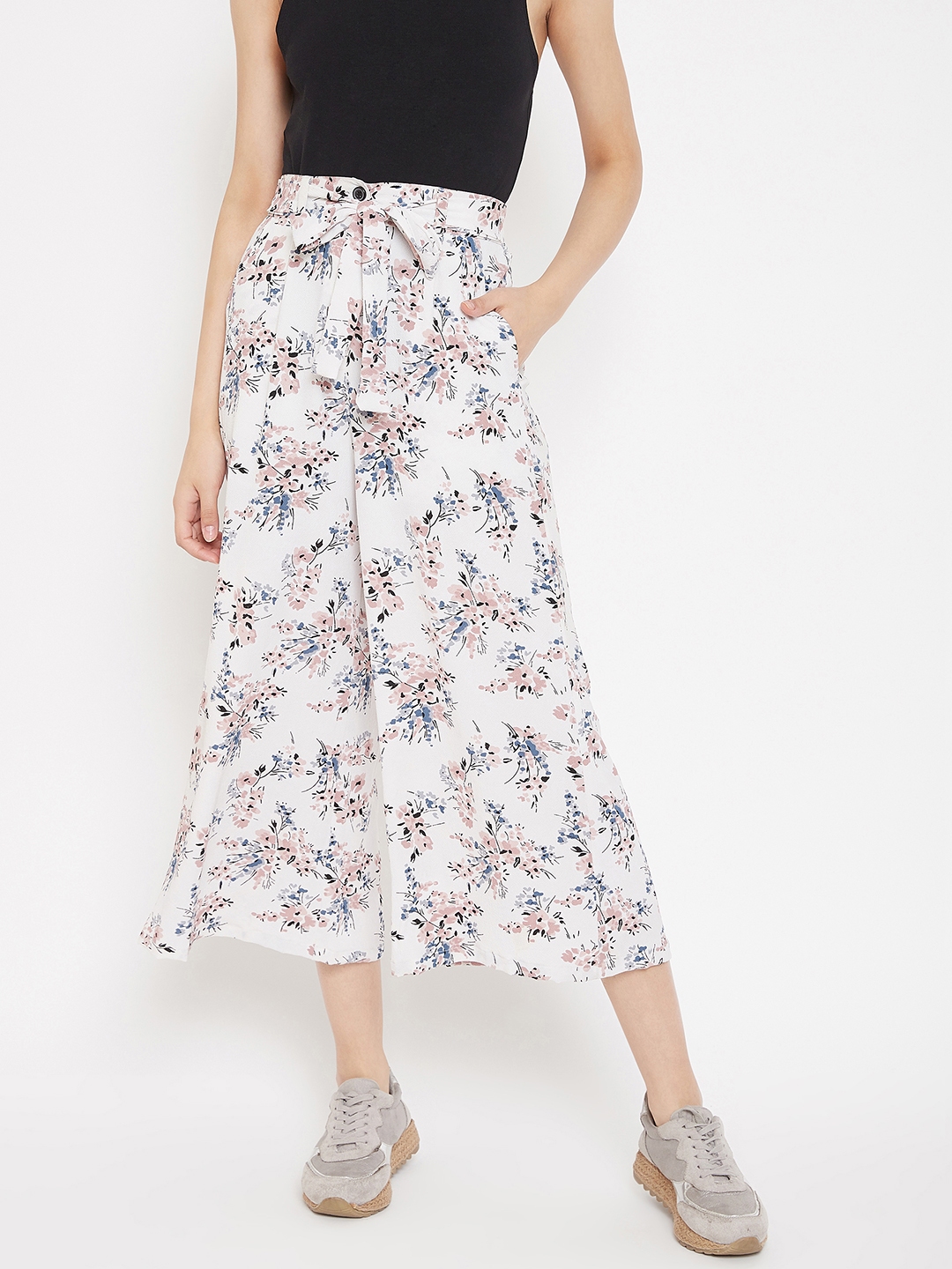 FLORAL PRINT MID-WAIST CULOTTES WITH SELF FABRIC BELT - Offline2Online