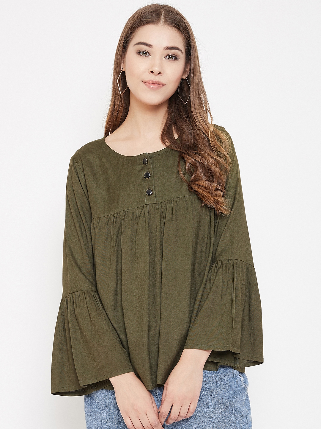 FRONT BUTTON BELL SLEEVE GATHERED TOP - Offline2Online