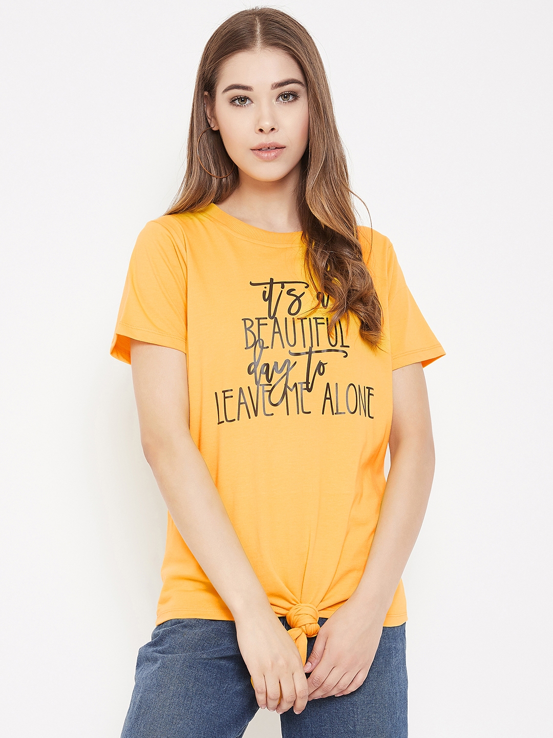 ROUND NECK PRINTED T-SHIRT WITH FRONT KNOT STYLE - Offline2Online